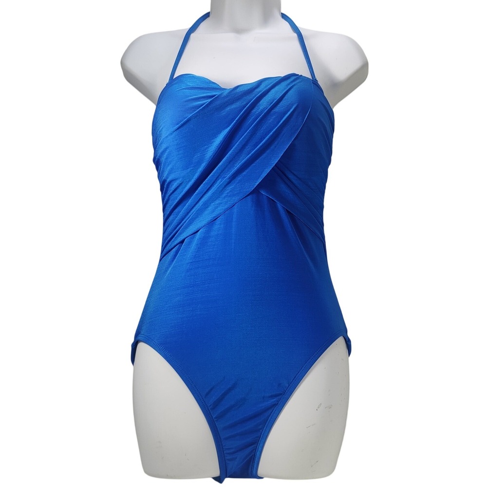 LA BLANCA Blue Halter One Piece Swimsuit Tummy Control Ruching Size 8 pool